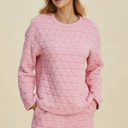 Double Take Full Size Texture Round Neck Long Sleeve Top and Shorts Set - Image 4