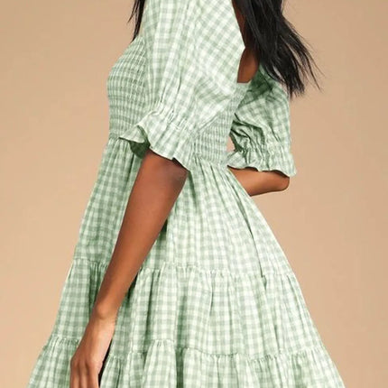 Ruffled Hem Plaid Half Sleeve Mini Dress - Image 6