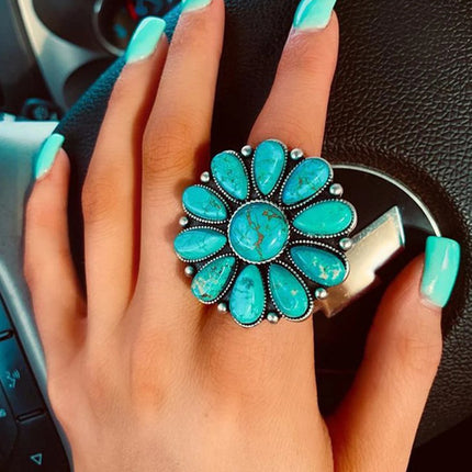 Artificial Turquoise Alloy Flower Ring - Image 1