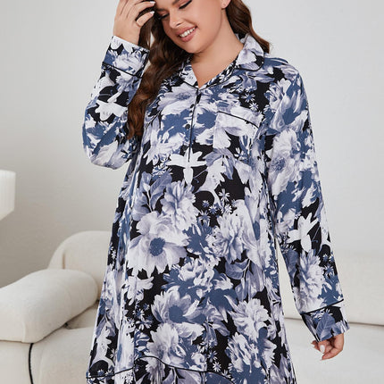 Plus Size Floral Lapel Collar Long Sleeve Night Dress - Image 4