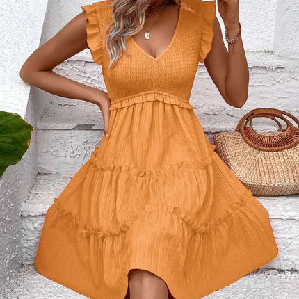 Ruffled V-Neck Cap Sleeve Dress - Image 8