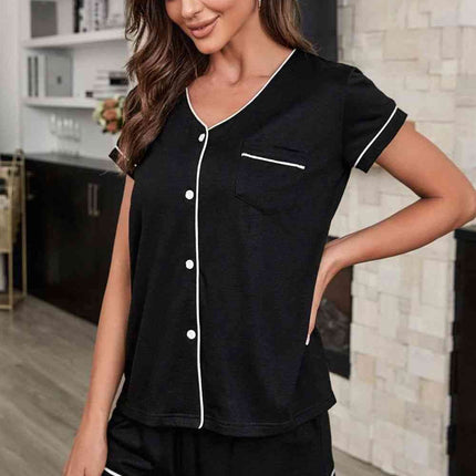 Contrast Piping Button-Up Top and Shorts Pajama Set - Image 2