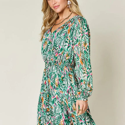 Double Take Full Size Printed Drawstring Waist Long Sleeve Dress - Image 1