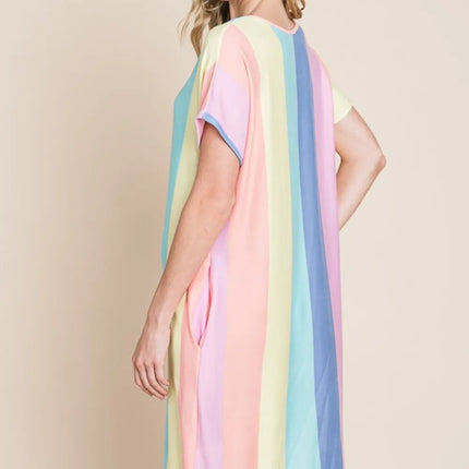 BOMBOM Striped Short Sleeve Dress with Pockets - Image 2