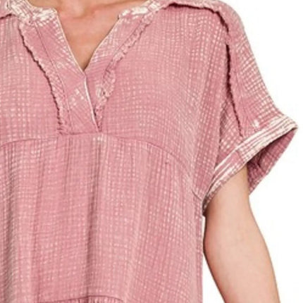 Zenana Washed Double Gauze Raw Edge V-Neck Dress - Image 2