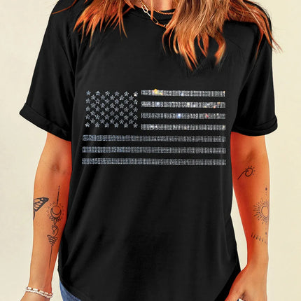 Rhinestone US Flag Round Neck Short Sleeve T-Shirt - Image 1