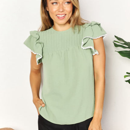 Perfee Pleated Detail Flutter Sleeve Blouse - Image 1
