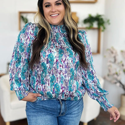 Double Take Full Size Printed Smocked Long Sleeve Blouse - Image 19