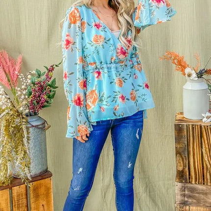 And The Why Floral Print Draw String Bell Sleeve Top - Image 3