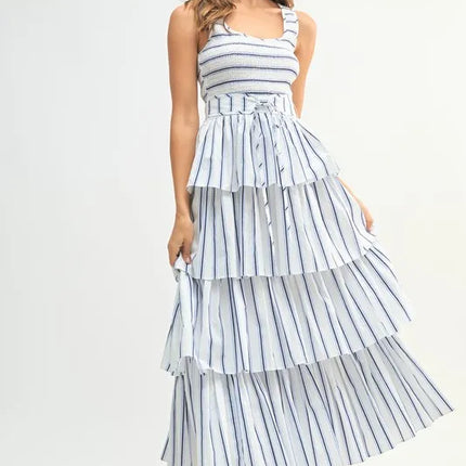MABLE Pin Stripe Smocked Bodice Layered Midi Dress - Image 1