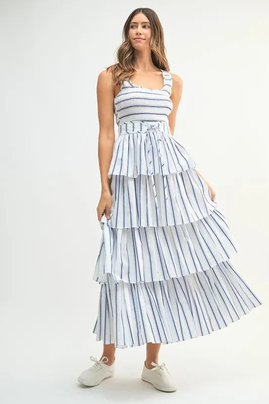 MABLE Pin Stripe Smocked Bodice Layered Midi Dress