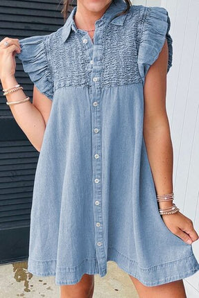 Smocked Collared Neck Cap Sleeve Denim Dress - Image 1
