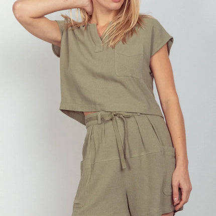VERY J Woven Cropped Top & Waist Tie Shorts Set - Image 1