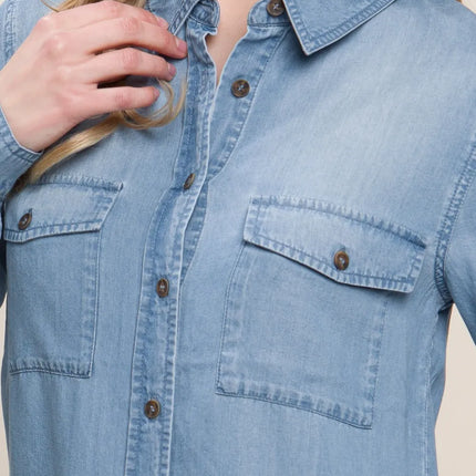 Love Tree Scooped Hem Button Up Denim Shirt - Image 2