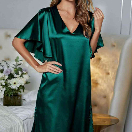 Satin Flutter Sleeve Side Slit V-Neck Night Dress - Image 9