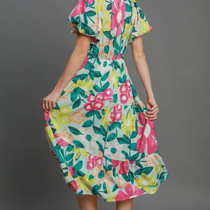 Umgee Full Size Tiered Floral Print Notched Puff Sleeve Midi Dress Plus Size - Image 2