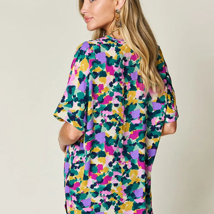 Double Take Full Size Printed V-Neck Short Sleeve Side Slit Top - Image 2