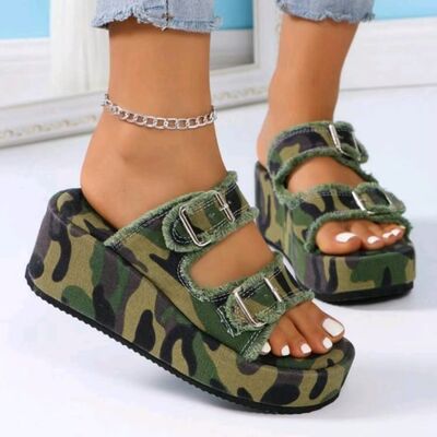 Raw Hem Wedge Buckle Sandals - Image 6