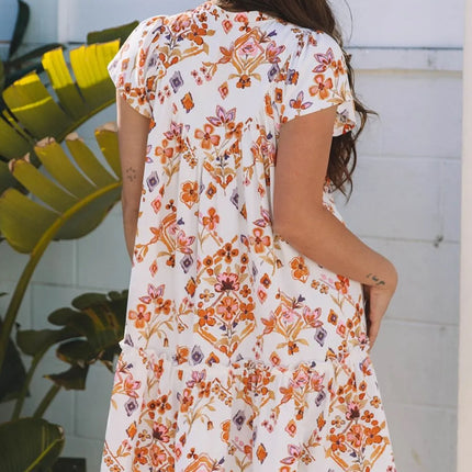 Printed Tie Neck Cap Sleeve Mini Dress - Image 3