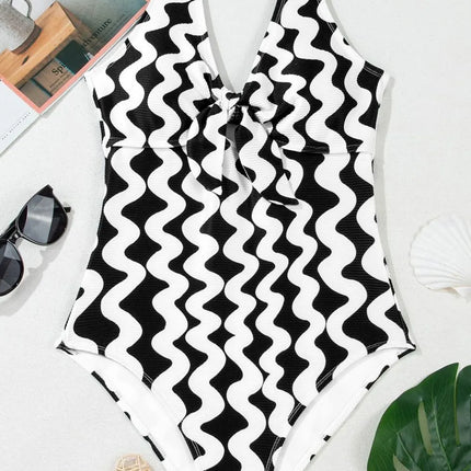 Tied Front Contrast Striped One-Piece Swimsuit - Image 6