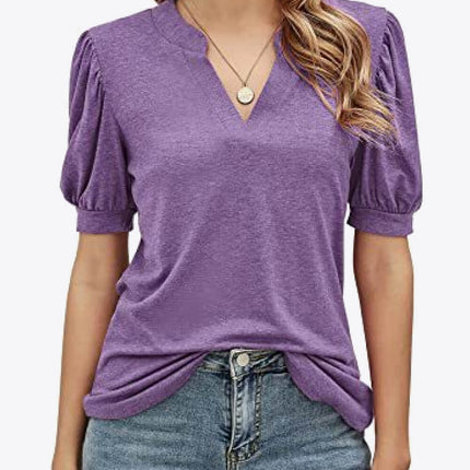 Notched Neck Puff Sleeve Tee - Image 1
