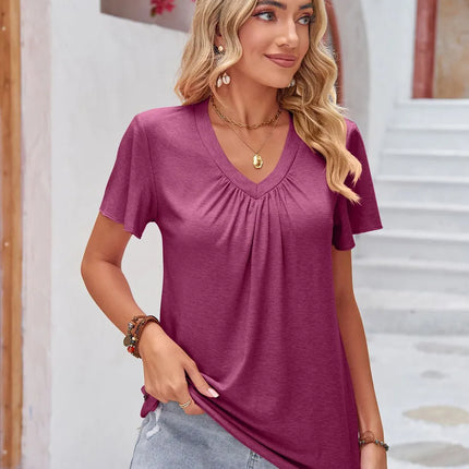 Double Take Ruched V-Neck Short Sleeve T-Shirt - Image 10