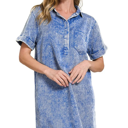 Zenana Tencel Mineral Washed Collared Shirts Dress - Image 2