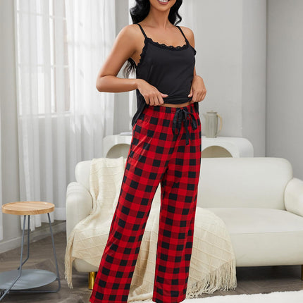 Lace Trim Cami and Plaid Pants Lounge Set - Image 5