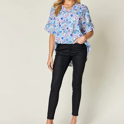 Double Take Full Size Printed V-Neck Short Sleeve Blouse - Image 20