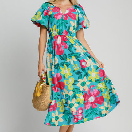 Umgee Full Size Tiered Floral Print Notched Puff Sleeve Midi Dress Plus Size - Image 1