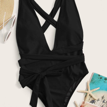 Halter Neck Deep V Tied One-Piece Swimsuit - Image 10