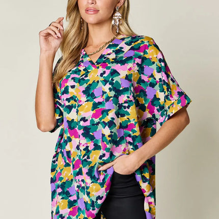 Double Take Full Size Printed V-Neck Short Sleeve Side Slit Top - Image 1