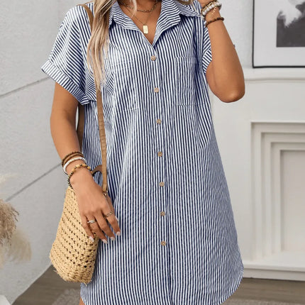 Striped Button Down Short Sleeve Mini Dress - Image 9