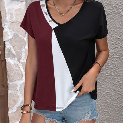 Ivy Lane Color Block Decorative Button V-Neck Tee - Image 8
