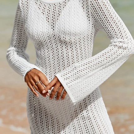 Hollow Out Bell Sleeve Drawstring Knit Cover Up Dress - Image 2