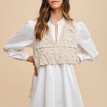 Annie Wear Crochet Vest Notched Long Sleeve Shirt Dress - Image 1