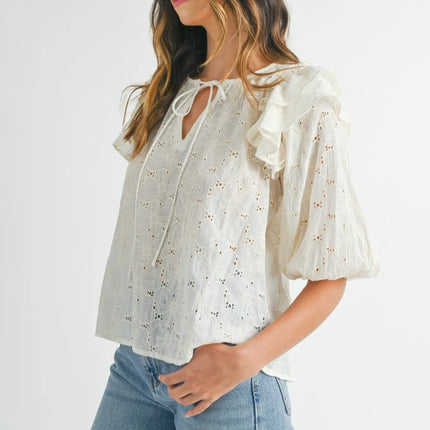 MABLE Eyelet Lace Ruffle Shoulder Puff Sleeve Blouse - Image 3