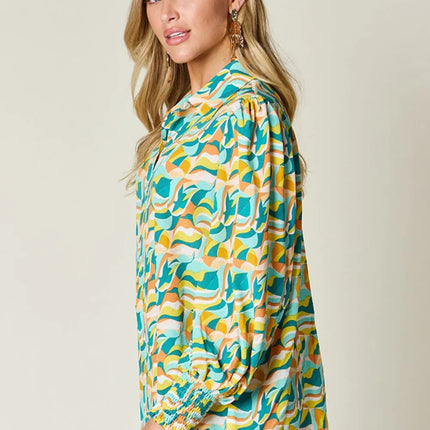 Double Take Full Size Printed Smocked Long Sleeve Blouse - Image 3