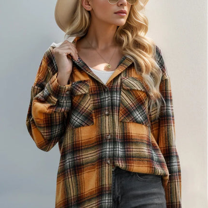 Double Take Drawstring Plaid Long Sleeve Hooded Shacket - Image 3