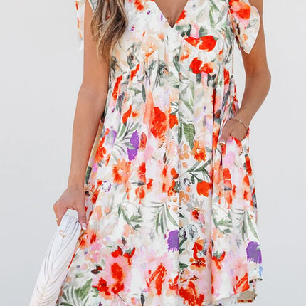 Floral Double Ruffle Sleeve V Neck Mini Dress - Image 4