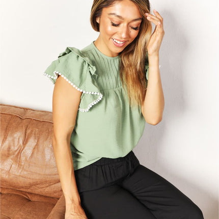 Perfee Pleated Detail Flutter Sleeve Blouse - Image 4