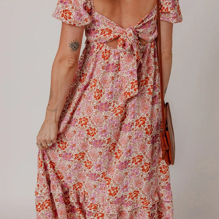 Floral Square Neck Knotted Ruffle Midi Dress - Image 2