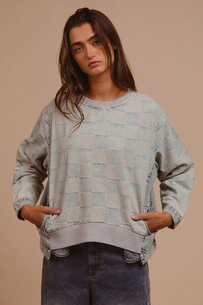 BiBi Mineral Washed Checkered Round Neck Denim Top - Image 1