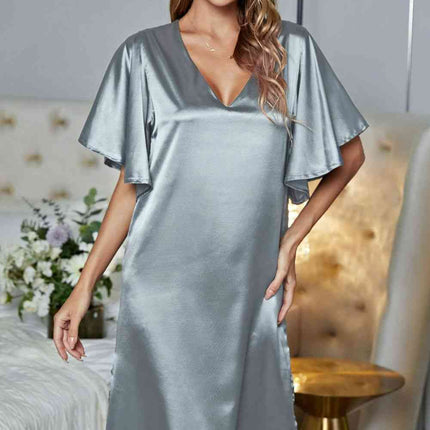 Satin Flutter Sleeve Side Slit V-Neck Night Dress - Image 20