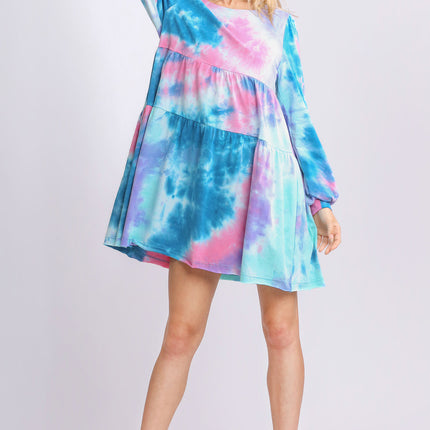 Umgee Full Size Tie Dye Round Neck Long Sleeve Babydoll Tiered Dress Plus Size - Image 2