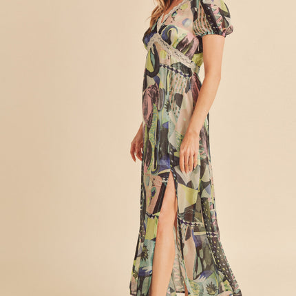 Aemi + Co Lace Detail Slit Geometric Print Short Sleeve Maxi Dress - Image 5