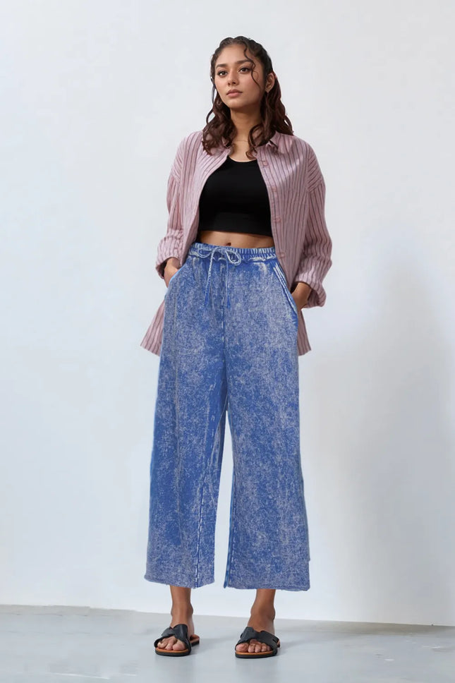 Zenana Washed French Terry Palazzo with Pockets