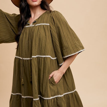 Annie Wear Tassel Contrast Trim Tie Neck Half Sleeve Tiered Dress - Image 6