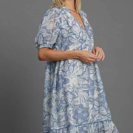 Umgee Full Size Printed Puff Short Sleeve Midi Dress Plus Size - Image 2