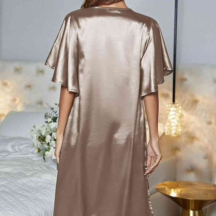Satin Flutter Sleeve Side Slit V-Neck Night Dress - Image 13